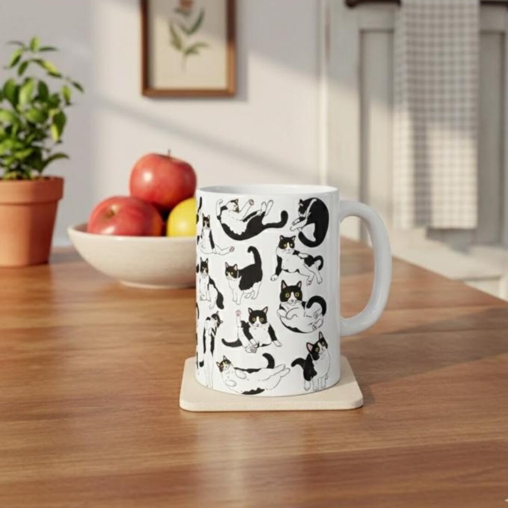 Tuxedo Cat Coffee Mug 11oz, Cute Black and White Cat Design, Cat Lover
