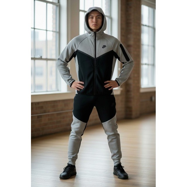 Nike Tech Fleece Tracksuit Grey Black Full Zip Hoodie Joggers Full Set (S)