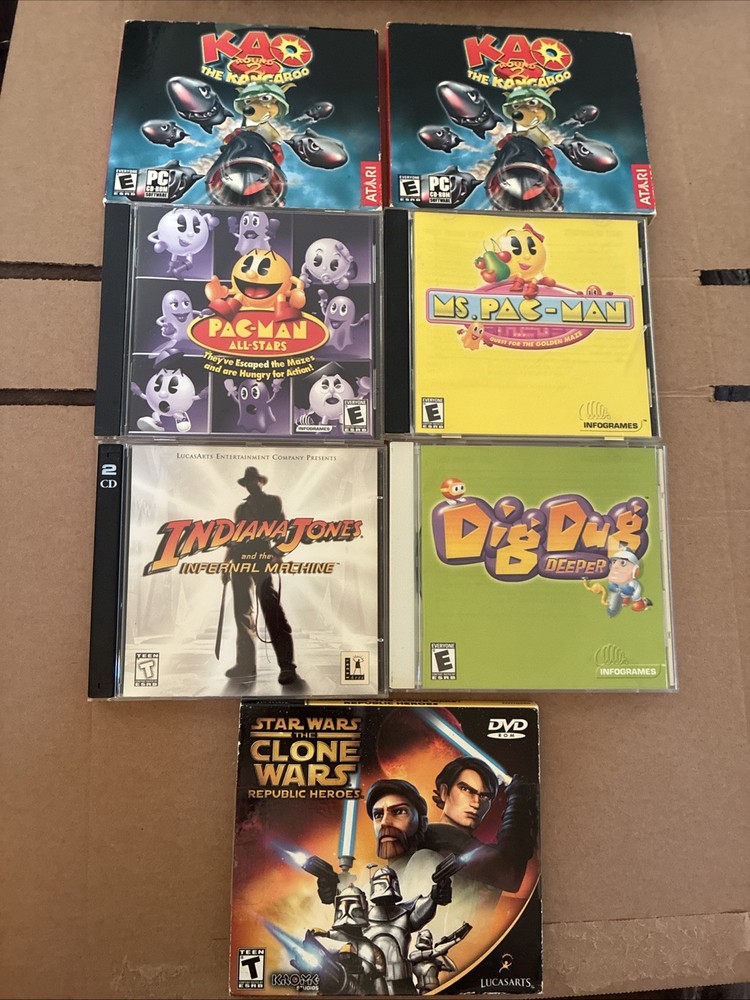 PC GAME LOT OF 7 ** DIG DUG, INDIANA JONES, PAC-MAN, MS. PAC kao the kangaroo