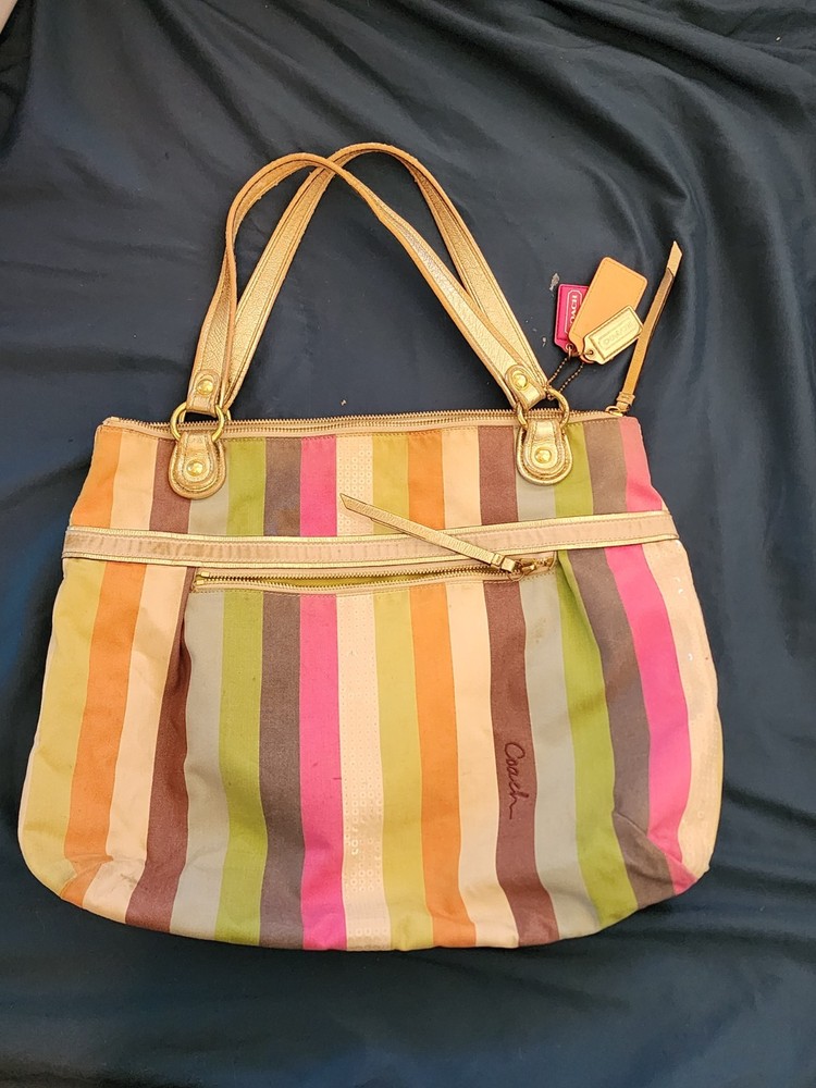 COACH 19021 POPPY LEGACY STRIPE GLAM TOTE Shoulder Hand BAG Sequins Multicolor