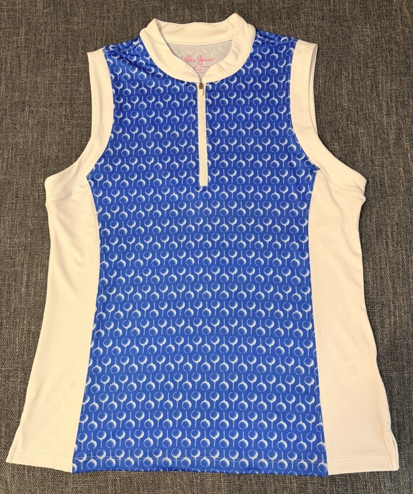 Lillie Green Golf Balls Tees 1/4 Zip Shirt Sz Medium Blue White Sleeveless READ