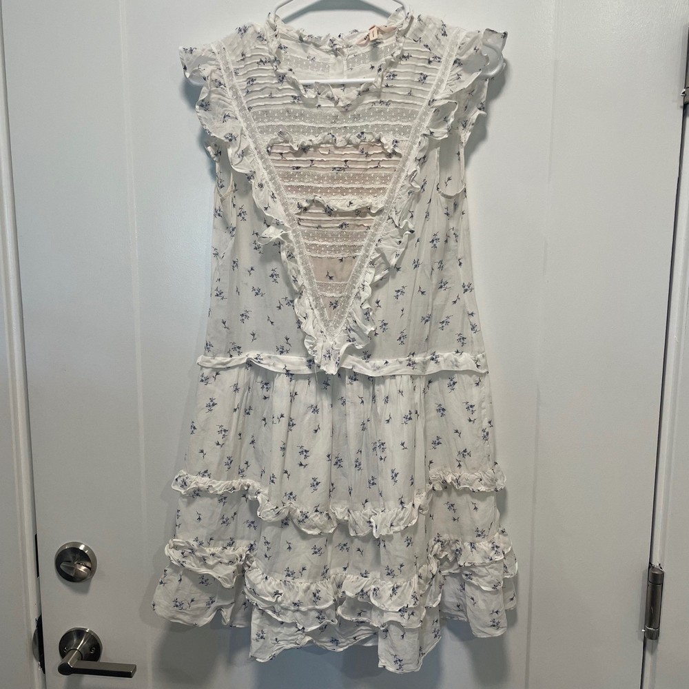 Rebecca Taylor Cotton Silk Floral Lace Ruffle Tiered Mini Dress White Blue 4