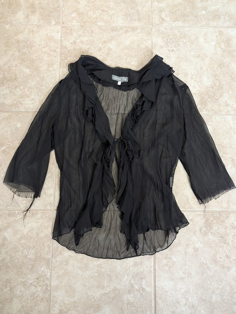 Black Sheer Lace Top Tied Front Women's Size Medium Whimsigoth Fairy Romantic