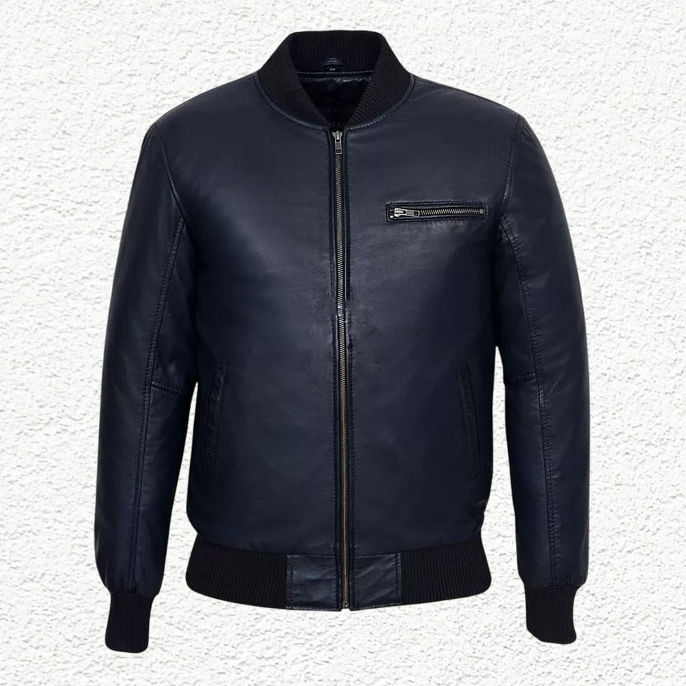 Men Blue Bomber Leather Jacket Slim Fit Biker Motorcycle Genuine Lambskin Jacket