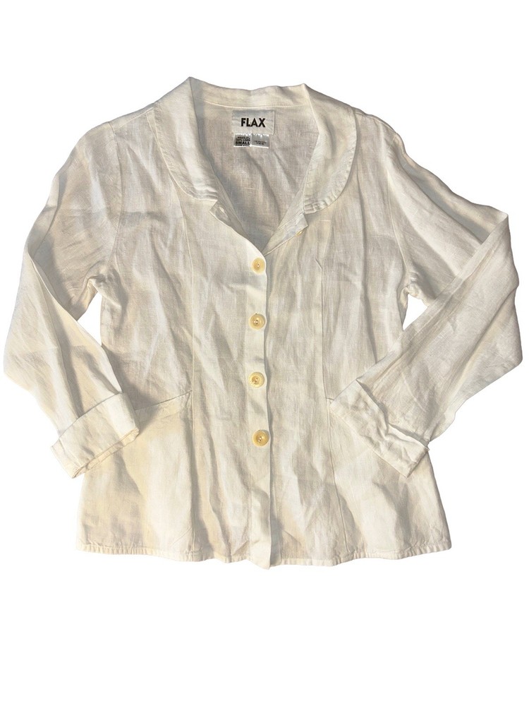 FLAX White 100% Linen Women’s Long Sleeve Button Front Shirt Small Lagenlook