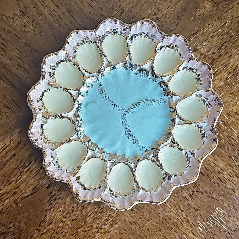 Blue Cream Gold Ceramic Oyster Plate, Round with Scalloped Edge, Decorative