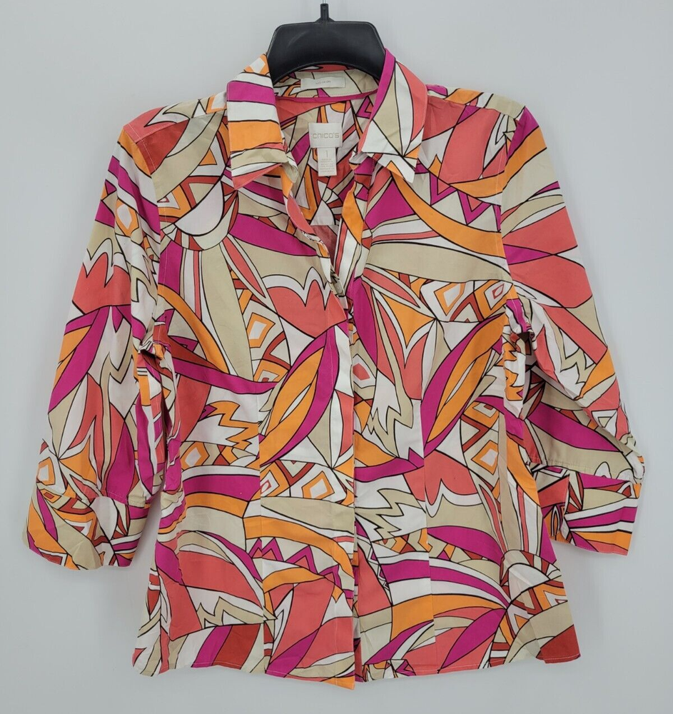 Chicos Top Womens Medium 1 Pink Orange White Abstract 70s Artsy Boho Hippie