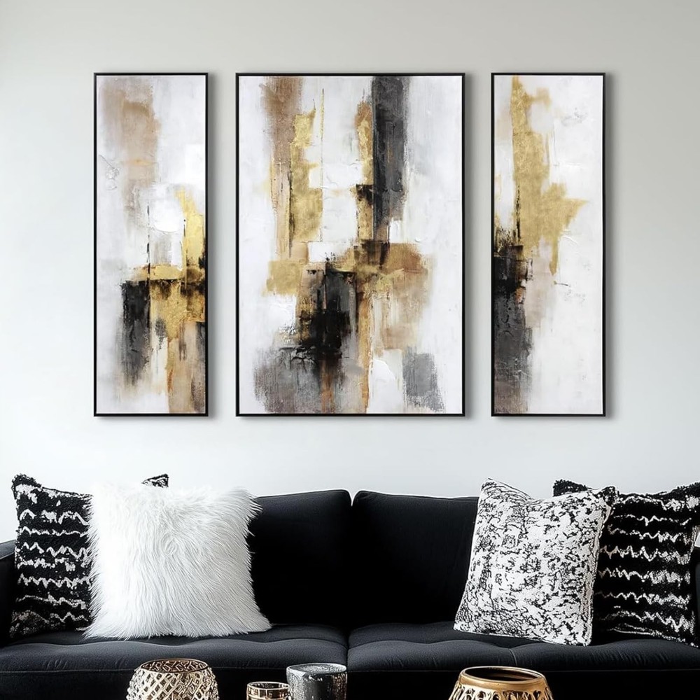 3-Piece Black & Gold Abstract Wall Art - Modern Textured Canvas Prints with H...-image