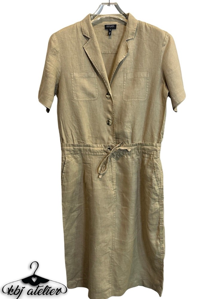 Escada Sport Linen Shirt Dress Women Size 38 Midi Tan Safari Lightweight Casual