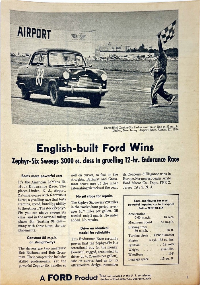 Ford Auto Racing- Zephyr-Six in Endurance Race Vintage Print Ad 1955