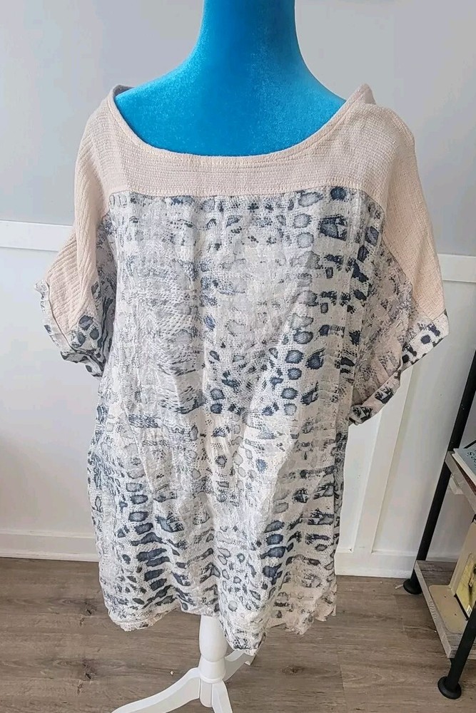 Lungo L'arno Womens Linen Tunic Top Size 3X Beige Print Cup Sleeve Made in Italy