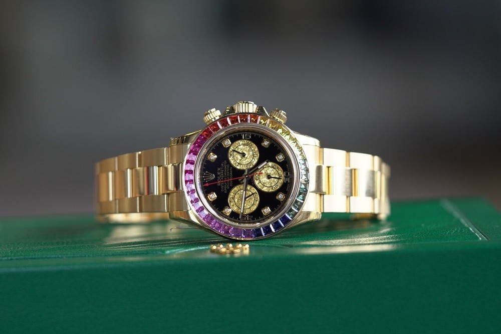 2007 Rolex Daytona Yellow Gold 40mm Black Custom Rainbow Sapphire Bezel 116508