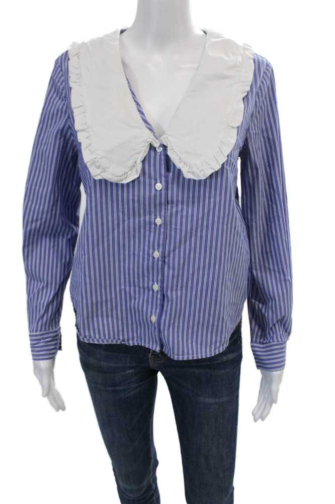 MNG Women's V-Neck Long Sleeves Ruffle Button Down Shirt Blue Striped Size 4Free Shipping in US $100+ Orders | $6.95 Orders Below