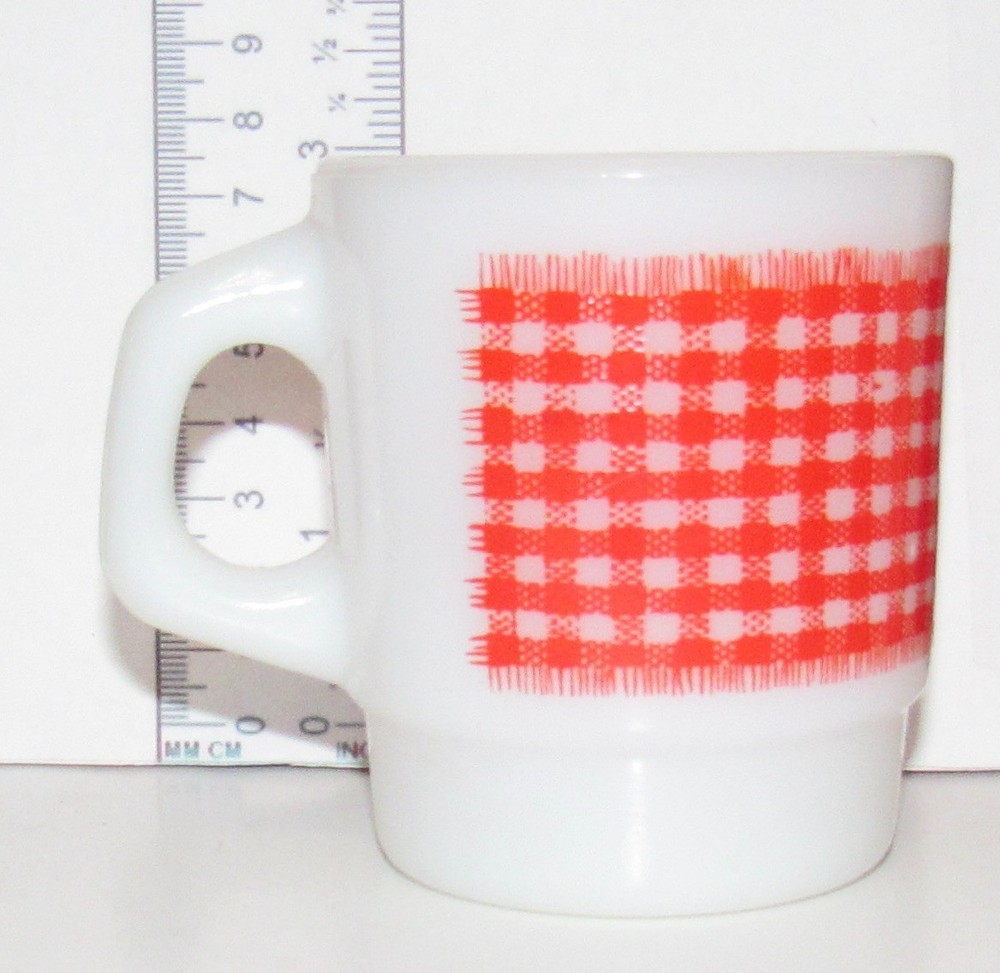 Vintage Midcentury MCM Fire King Red White Gingham Milk Glass Coffee Mug