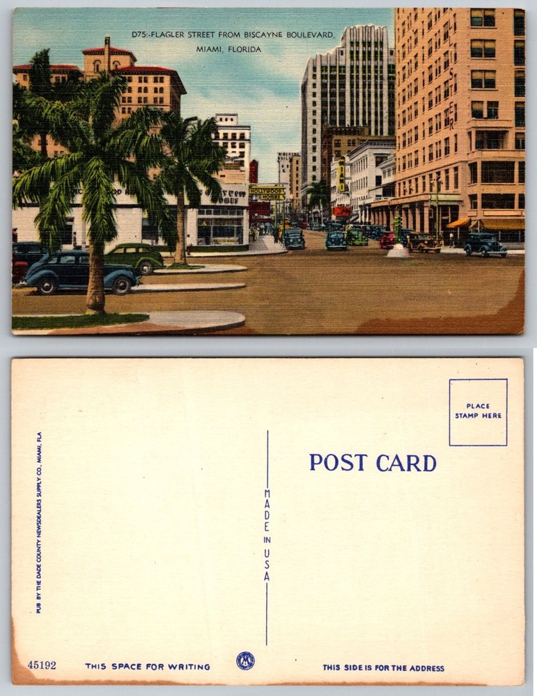 Vintage Miami Florida Flagler Street Biscayne Blvd Linen Postcard 1940s