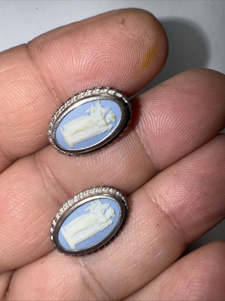 Earrings Wedgwood Blue Jasper ware Signed Rainbow Sterling Silver 925 Screw Back
