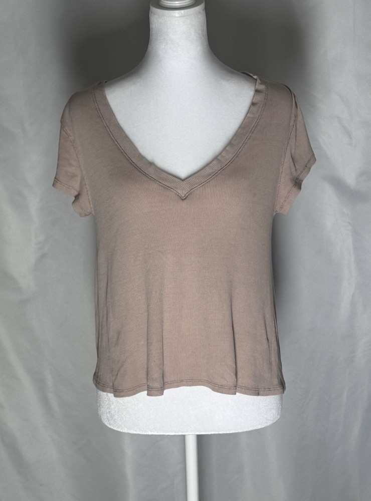 Free People Rose Blush Ribbed V Neck Tee Oversized Boho Short Sleeve Top L