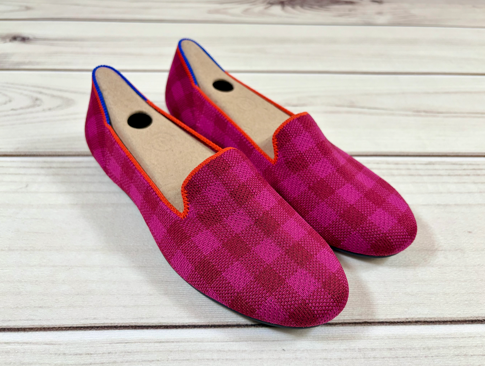 Rothy’s The Loafer Cherry Pink Gingham Casual Flats Washable Shoes Size 7.5 NEW!