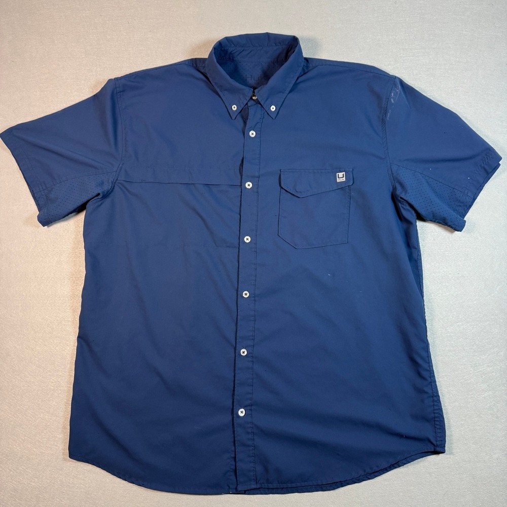 Huk Mens XXL Navy Blue Shirt Button Down Short Sleeve Fishing Performance