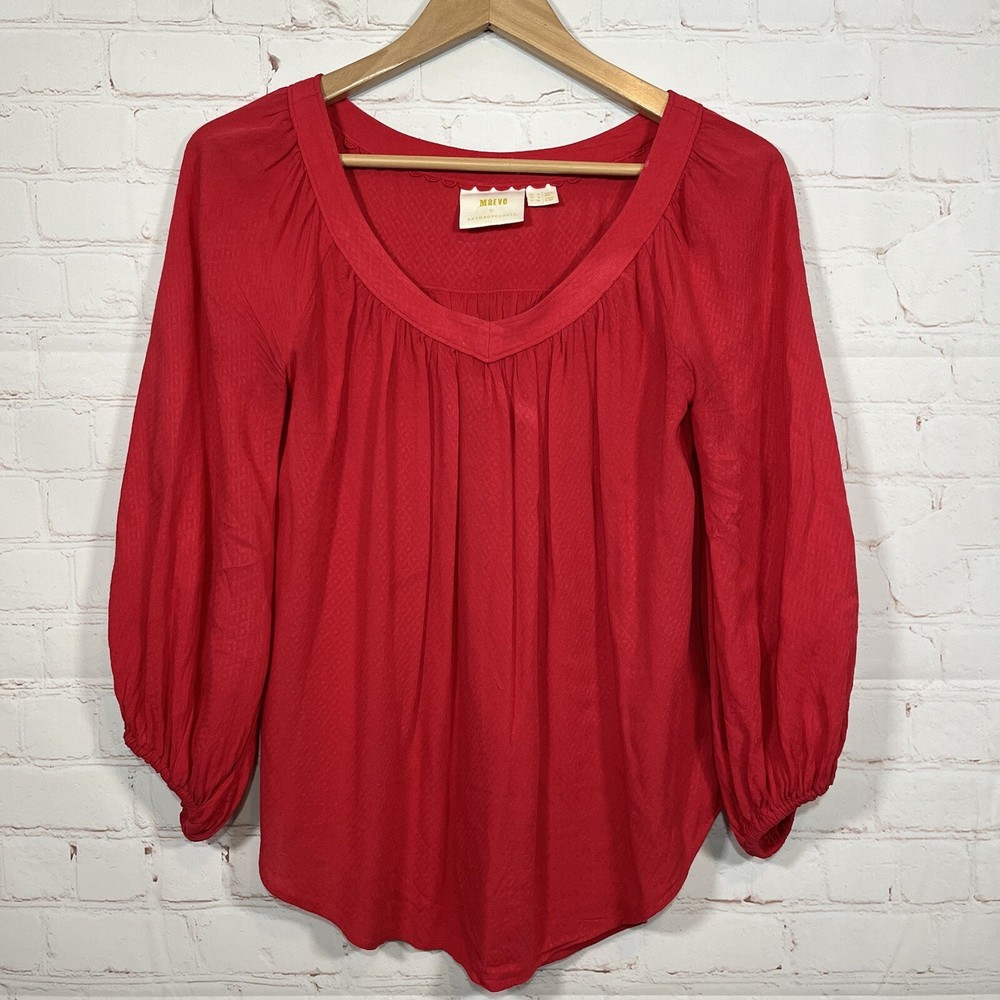 Maeve Anthropologie Blouse Womens Size 0 Red V Neck Long Sleeve Top
