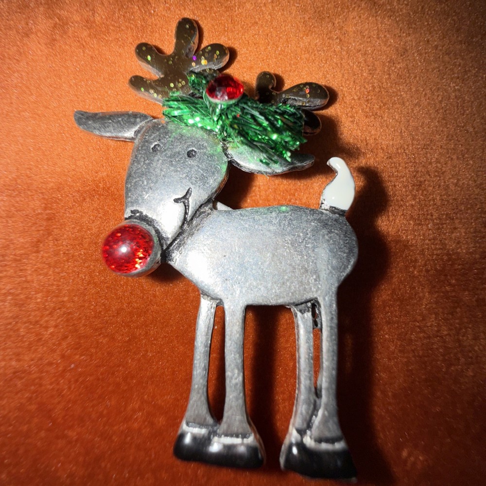 Vintage AJC Christmas Reindeer  Enamel Rhinestone Brooch Pin Holiday Jewelry
