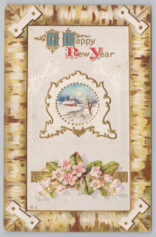 Holiday~Pink Flowers & Church New Year Greeting~Vintage Postcard
