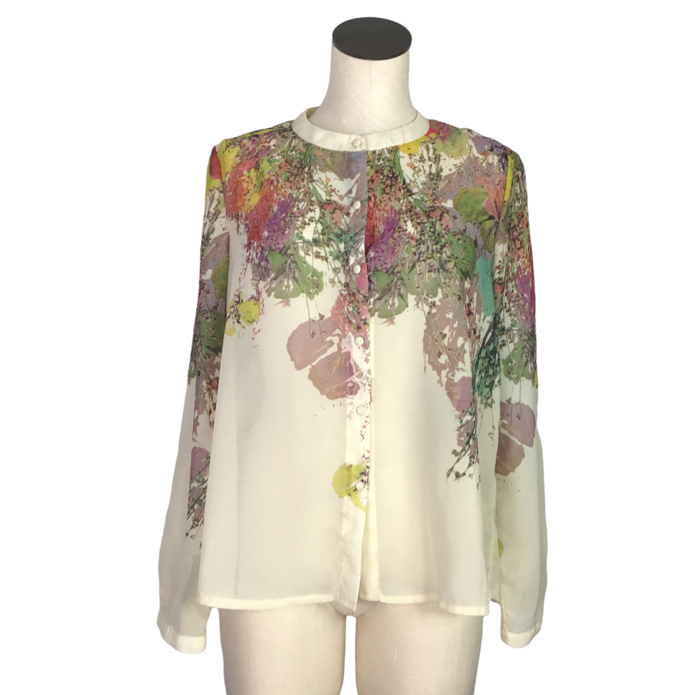 Beulah Style Top Womens M Ivory Semi Sheer Floral Pleated Button Tuinic