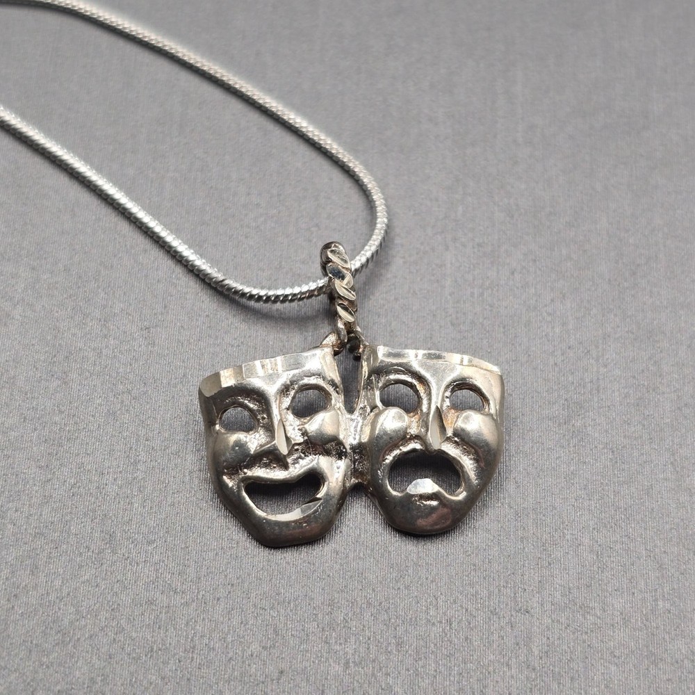 Vintage Sterling Silver Comedy Tragedy Mask Pendant Necklace 24