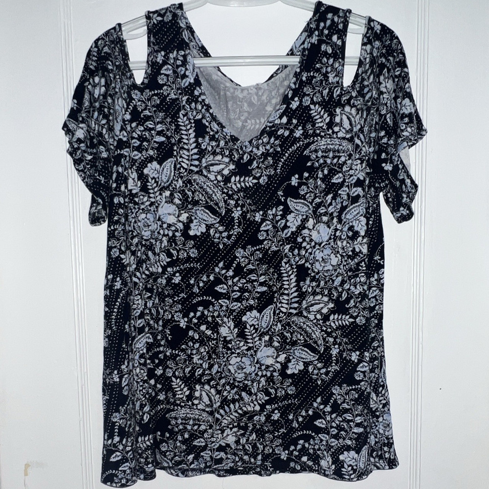 Westport Women's Top L Black/White/Blue Floral Knit Cold Shoulder Short Sleeve