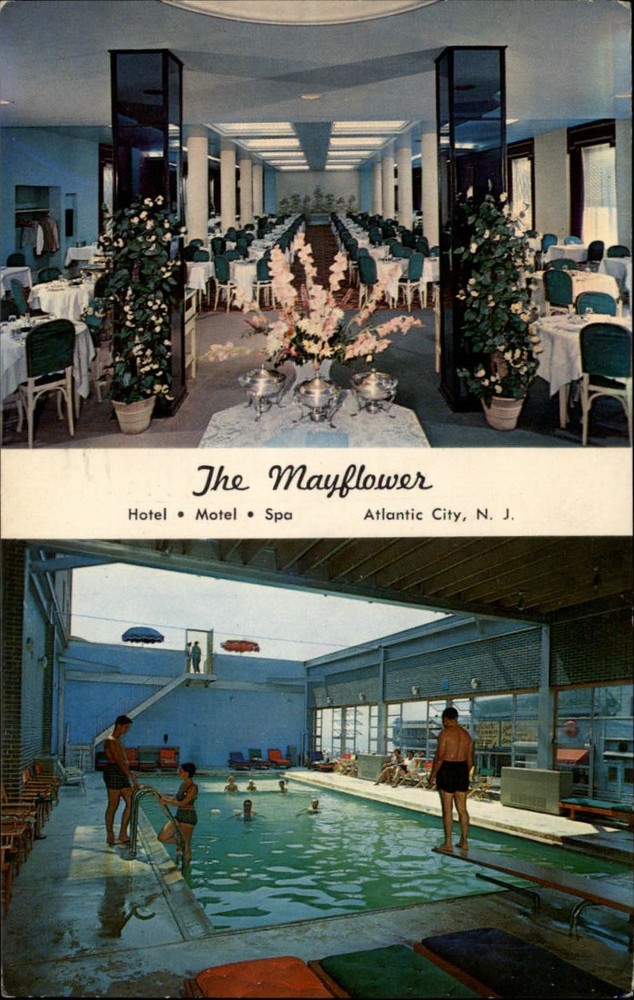 Mayflower Atlantic City New Jersey swimming pool two views ~ dated 1960 postcard