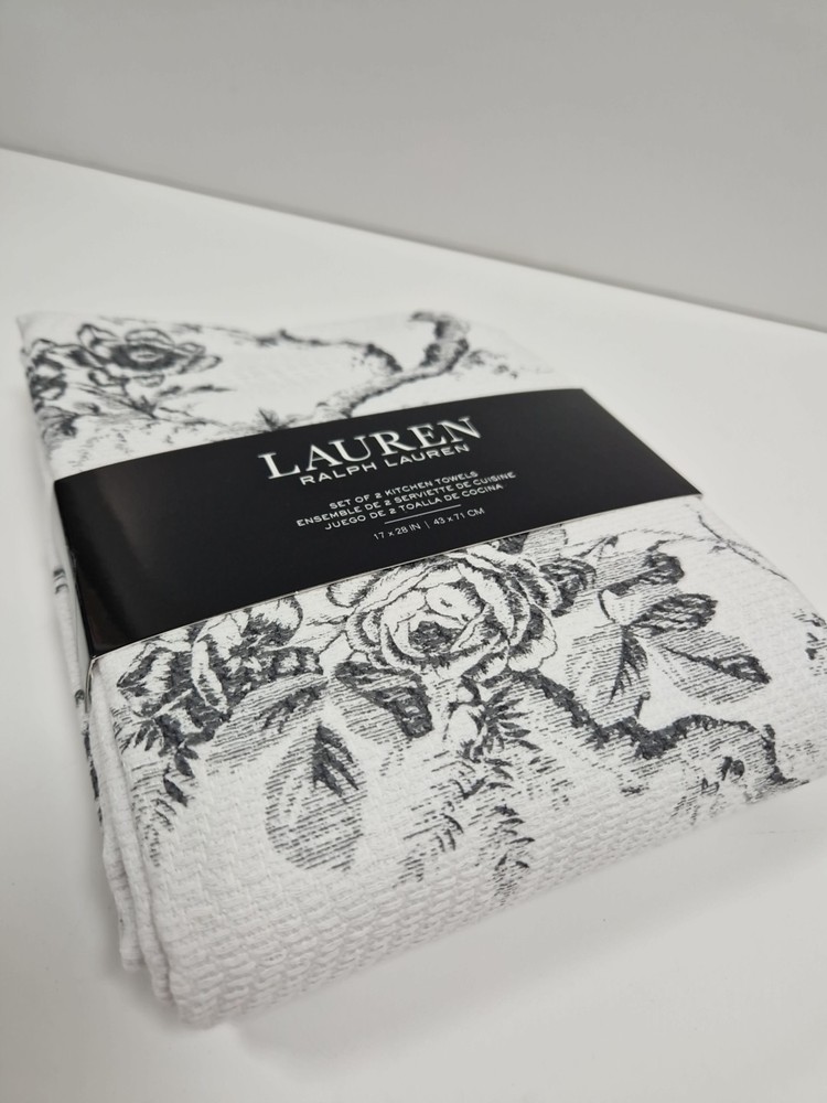 Ralph Lauren Grey Floral Kitchen Tea Towel 100% Cotton Set Of Two New Tags