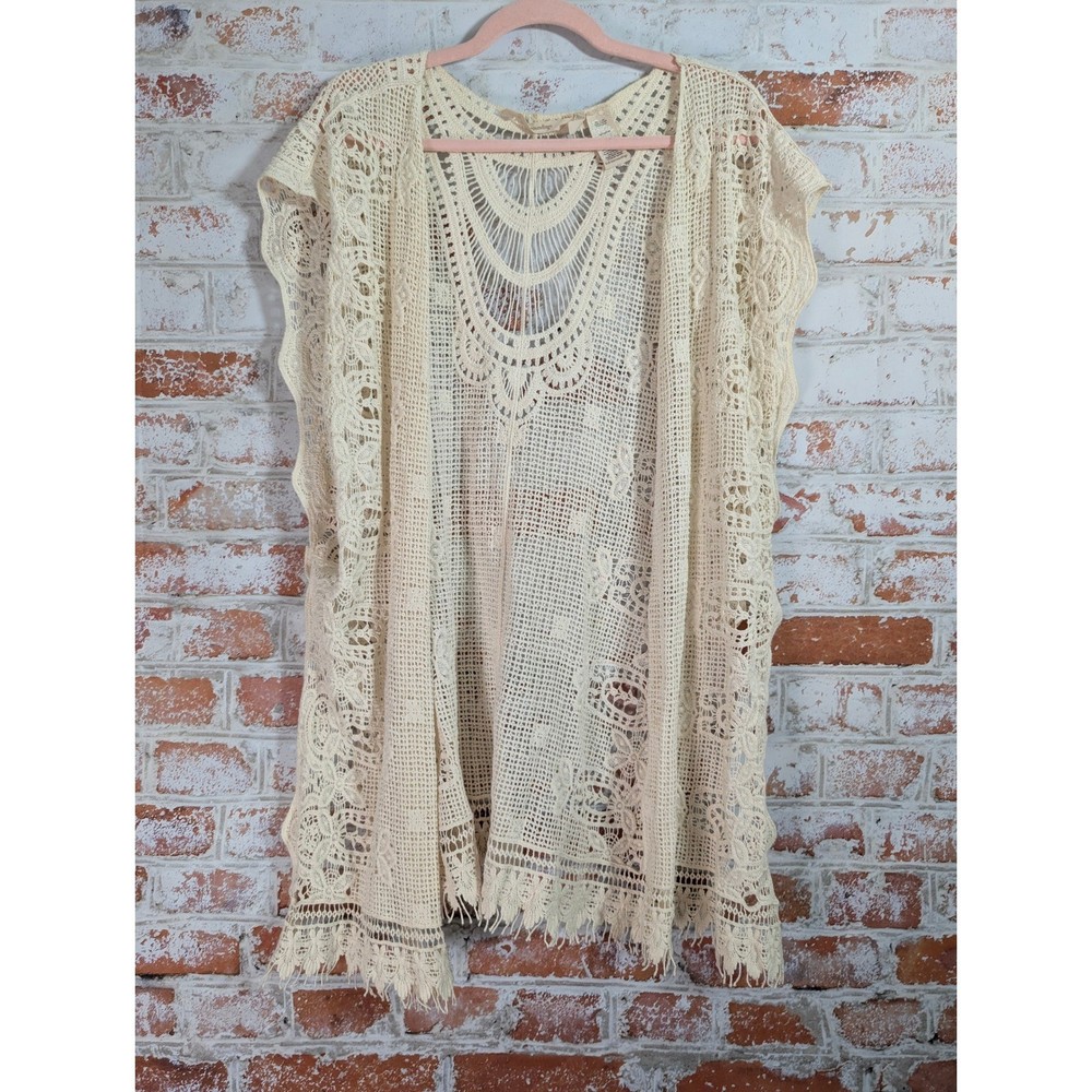 Soft Surroundings Crochet Kimono Vest Womens OS Cream Ivory Boho Lace Fringe