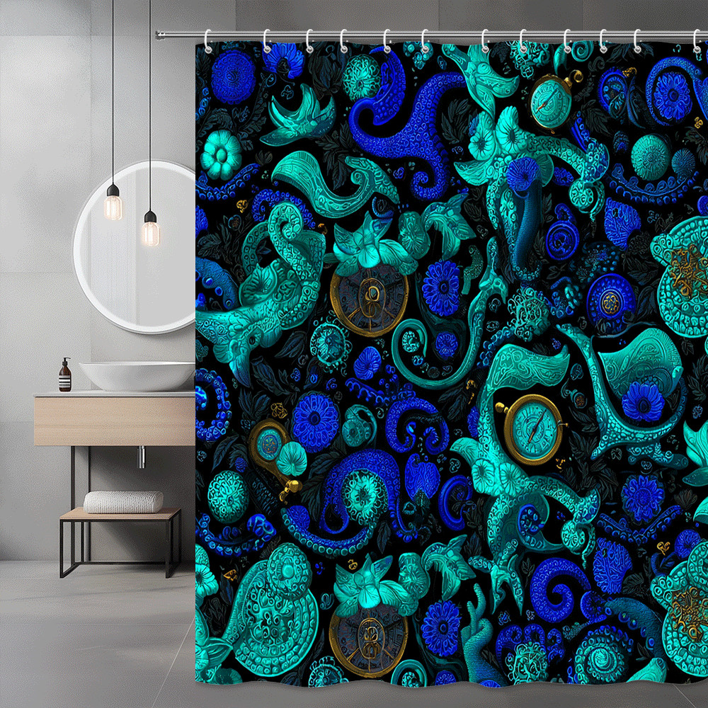 Blue Teal Octopus Floral Shower Curtain Abstract Ocean Print