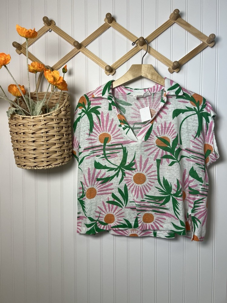 C&C California Women's Medium 100% Linen Collared Floral Knit Blouse