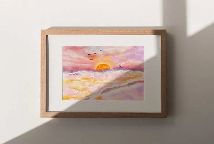 Sunset Beach Watercolor Painting, Colorful Wall Art, Scenery Printable Art Print