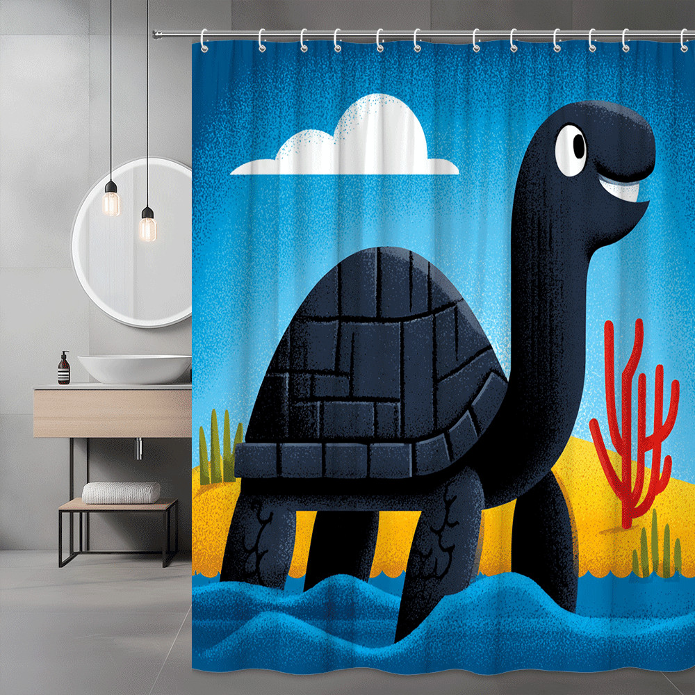 Cartoon Turtle Shower Curtain Ocean Scene Blue