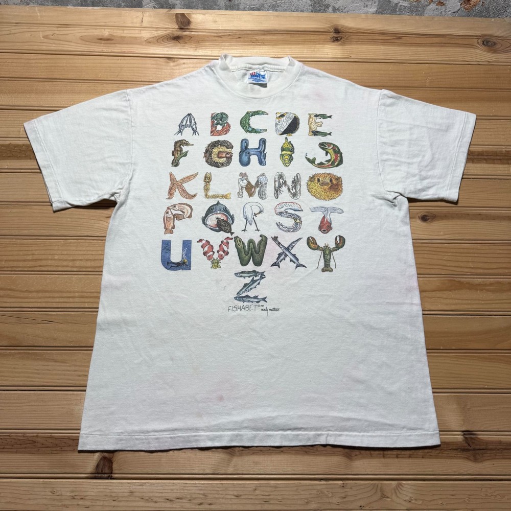 Vintage 1989 Hanes Fishabet Mindy Matthews Sea Life Alphabet T-Shirt USA - Large