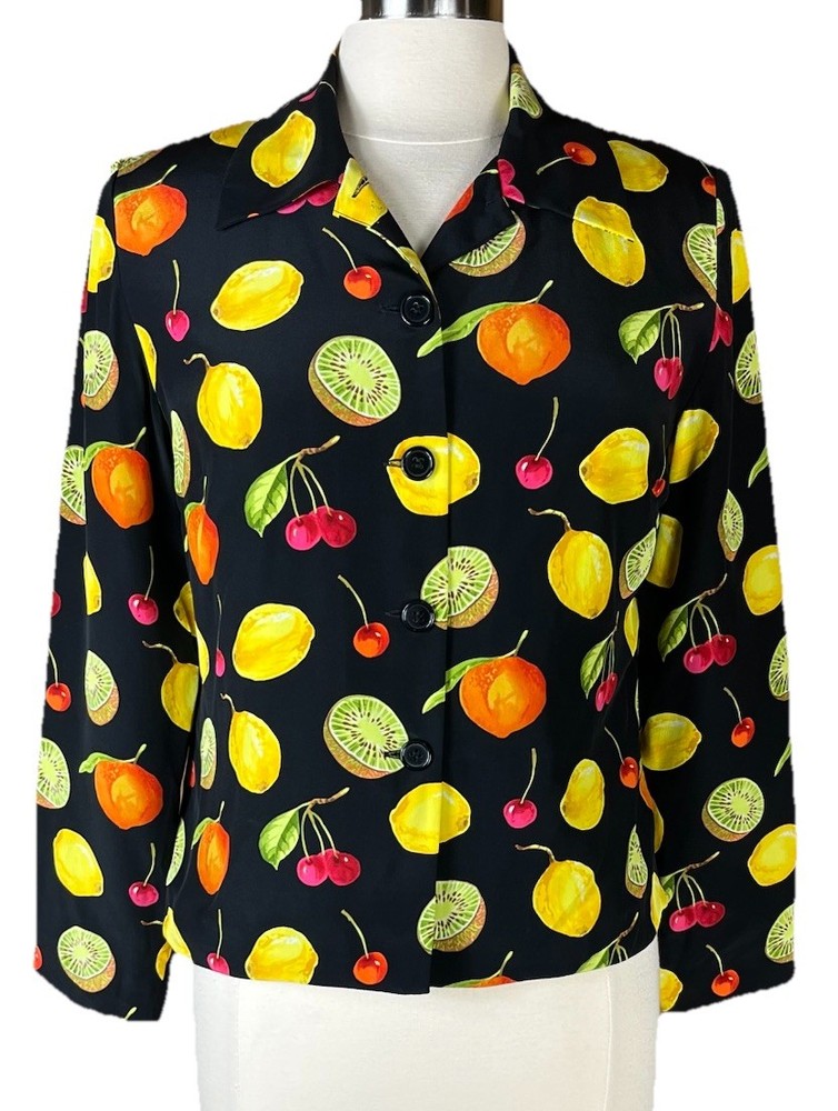 VTG Maggy London (Sz 8P) Petites 100% Silk Blouse Fruit Long Sleeves Colorful