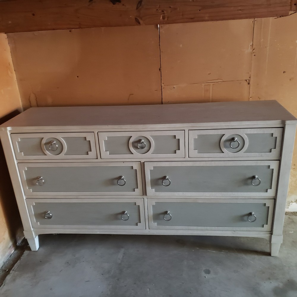 Gray White Painted Wood 7-Drawer Dresser And Full Size Bed Frame Matching
