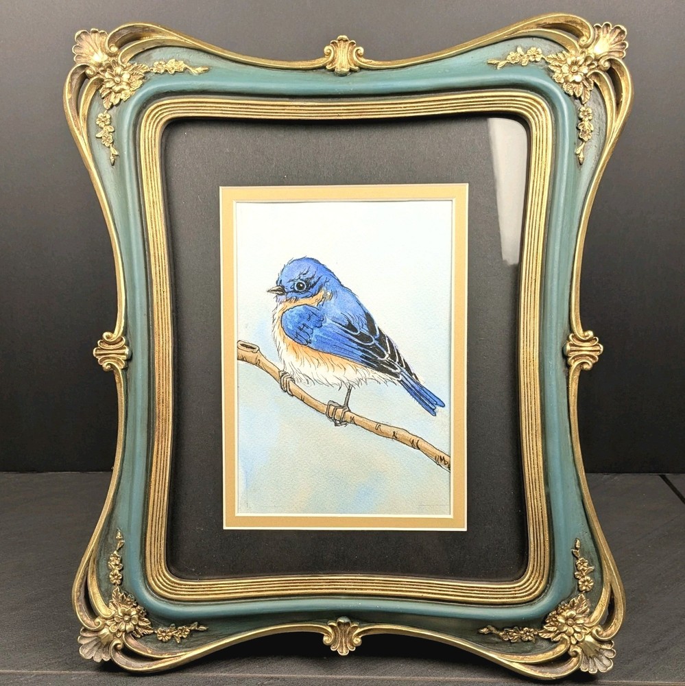 Bluebird Watercolor Framed Art Signed MDB Ornate Teal Gold Frame Bird Painting