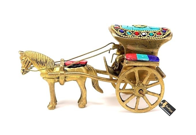Brass & Gemstone Horse Cart Replica – Traditional Indian Chariot Showpiece