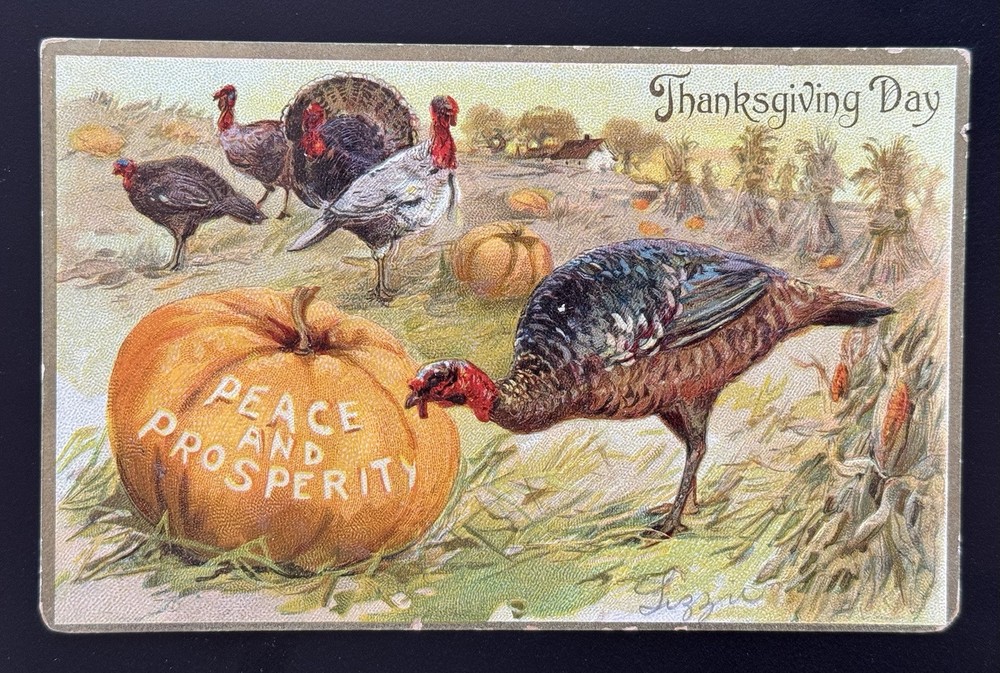 Antique Vintage 1908 Tuck's Thanksgiving Day Postcard Turkeys Pumpkins Peace