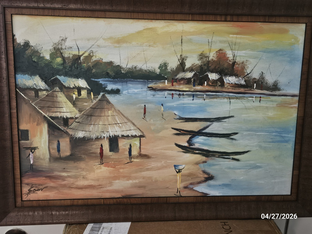 Signed Framed Large Impressionist Seascape Village Boats Canvas Painting