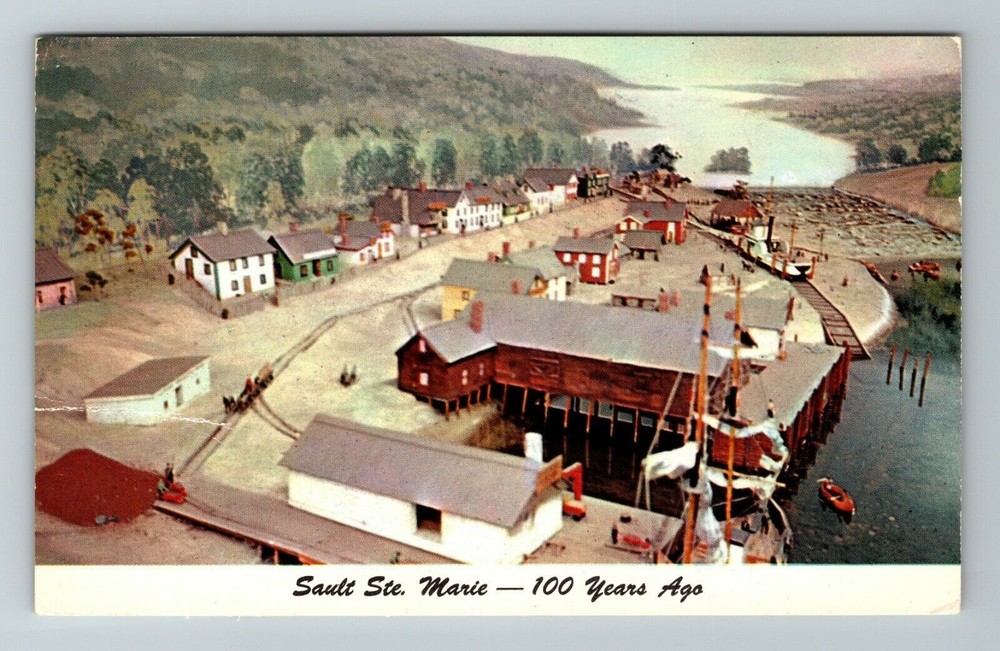 Sault Ste. Marie MI-Michigan, Aerial View Village, Vintage Postcard