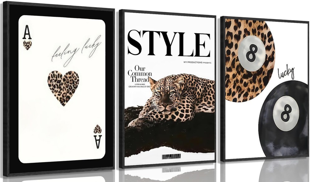 3Pcs Trendy Leopard Canvas Wall Art Funky Lucky 8 Ace Card Painting Picture W...