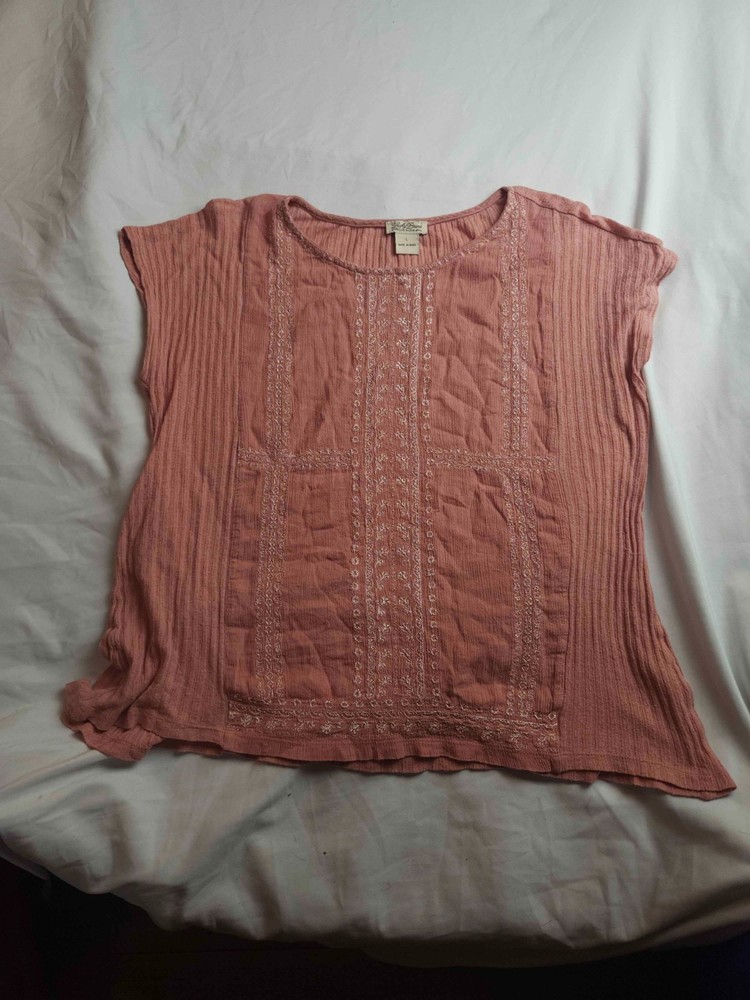 Lucky Brand Top Womens L Pink Embroidered Peasant Boho Chic Romantic Festival