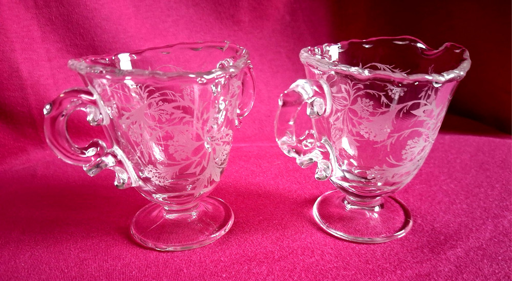 VTG USA Fostoria Footed Glass Sugar & Creamer Set Etched Heather Pattern
