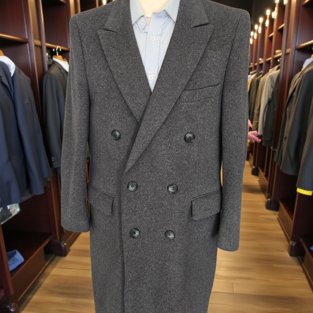 Vintage Double Breasted Peak Lapel Overcoat 40r Heavy Gray Flannel Wool