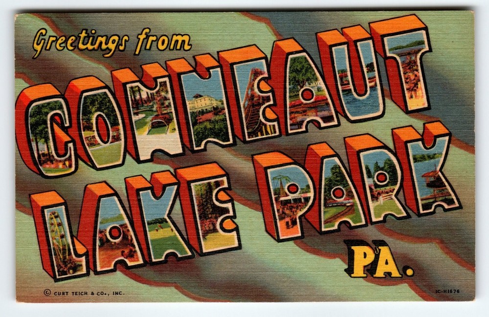 Vintage Curt Teich Linen Postcard Greetings Conneaut Lake Park PA