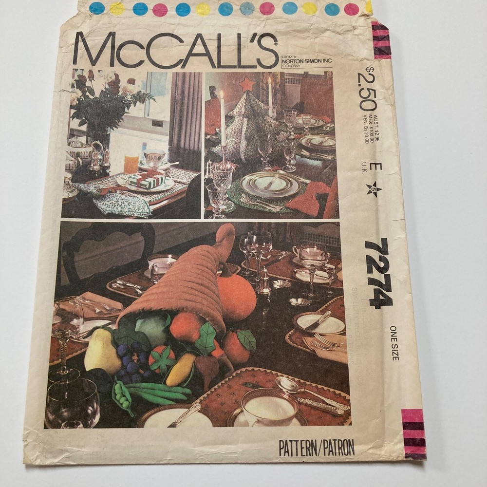 McCall's 7274 Holiday Table Decor Cornucopia Thanksgiving Christmas Uncut